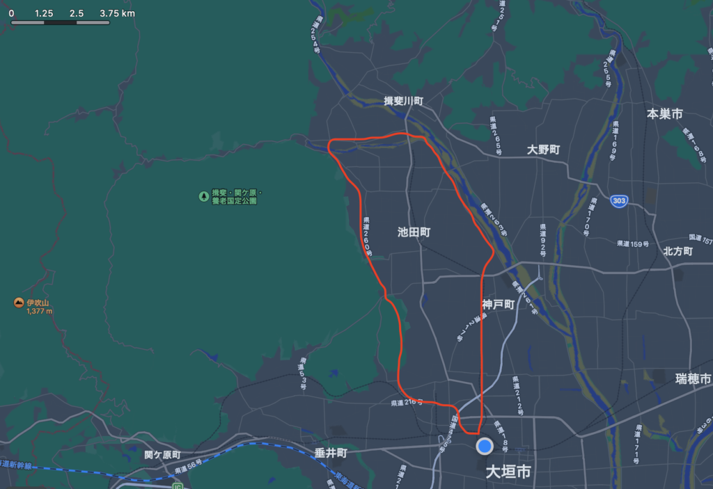 揖斐川町までの練習ルート